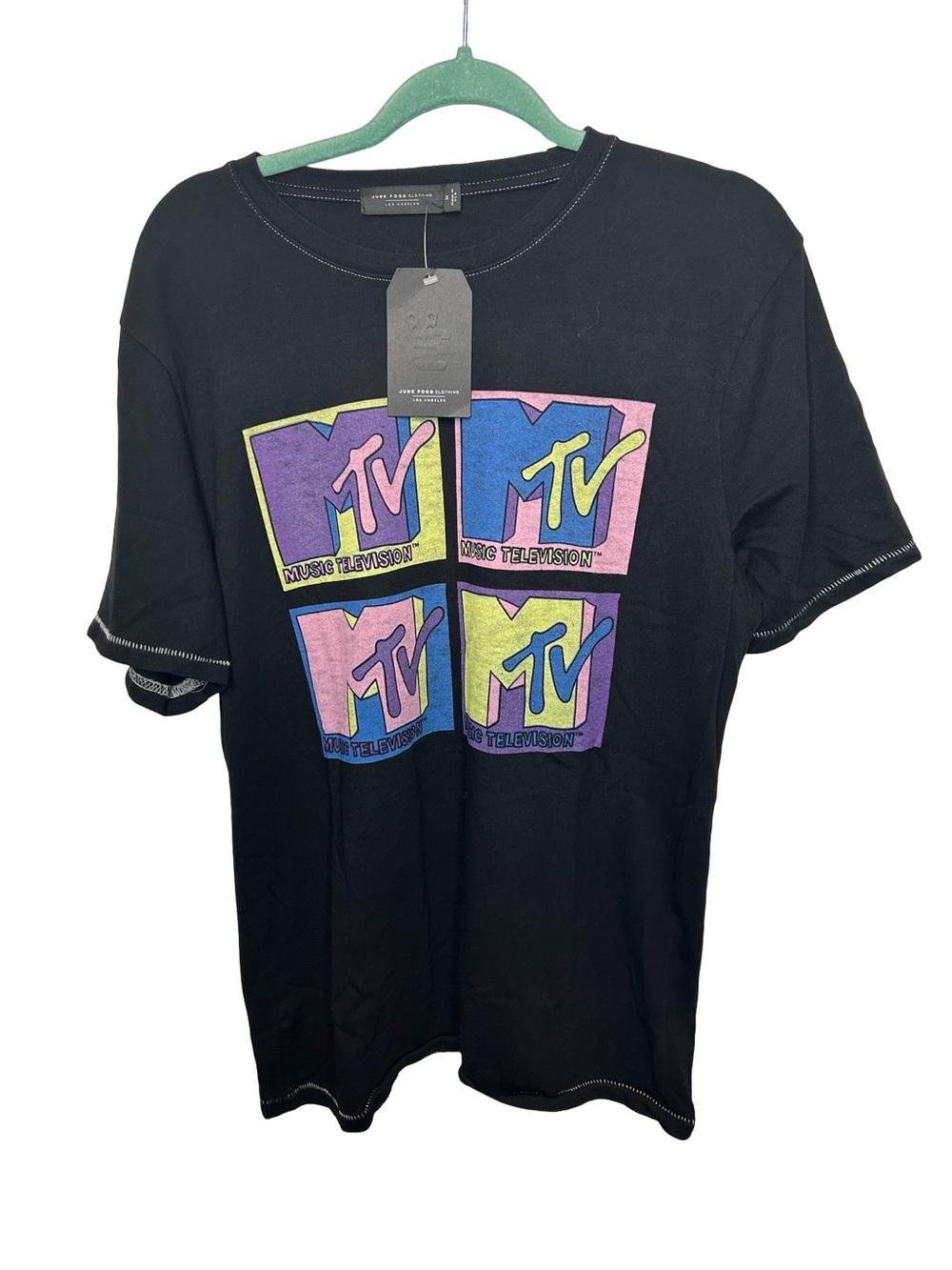 Junk Food Clothing Black Tee with Multicolor MTV Pop-Block Graphic